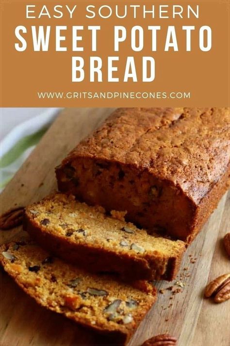 Easy Southern Sweet Potato Bread with Pecans is the ultimate quick bread! It's moist, flavorful and loaded with sweet potatoes and crunchy pecans. This tasty quick bread will soon become a new family favorite. Sweet Potato Quick Bread, Sweet Potato Dessert, Sweet Potato Pecan, Sweet Potato Bread, Homemade Breads, Roasted Pecans, Potato Bread, Crunchy Pecans, Gateaux Cake