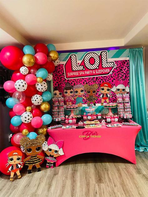 Loyalty’s “LOL Surprise Spa and Sleepover Birthday Party | CatchMyParty.com Lol Doll Birthday Party Decorations, Lol Food Party Ideas, Lol Pool Party Ideas, Lol Surprise Treat Table, Lol Surprise Theme Birthday Party Ideas, Lol Sleepover Party Ideas, Lol Surprise Dolls Birthday Party, Lol Surprise Decorations, Lol Omg Birthday Party Ideas