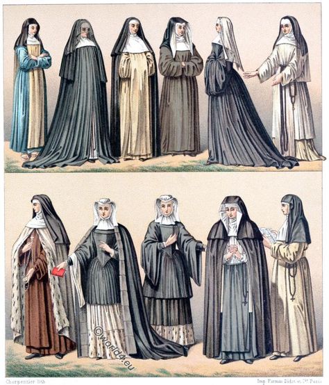 Costumes of Religious Orders. Habits of various nuns. France 19th c.. Nun Outfit, Daughters Of Charity, Nuns Habits, Poster Size Prints, Medieval Clothing, A4 Poster, John The Baptist, 영감을 주는 캐릭터, 17th Century