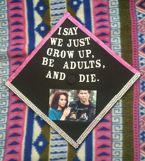 My high school grad cap inspired by Heathers (1988). #graduation #cap #heathers Heathers 1988, Graduation Hairstyles With Cap, Abi Motto, Graduation Cap Decoration Diy, High School Graduation Cap, Grad Hat, Grad Cap Designs, Diy Graduation Cap, Graduation Cap Designs