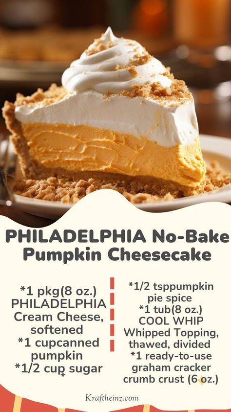 Delight in the creamy goodness of PHILADELPHIA No-Bake Pumpkin Cheesecake, a hassle-free dessert that captures the essence of autumn. This recipe combines smooth PHILADELPHIA Cream Cheese with canned pumpkin, sugar, and pumpkin pie spice, blended until velvety. Gently folded with COOL WHIP Whipped Topping and set in a graham cracker crumb crust, it’s chilled to perfection and served topped with more COOL WHIP for a deliciously light and satisfying treat. Pumpkin Pie Recipe Cream Cheese, Pumpkin Pie And Cheesecake, Pumpkin Pie Graham Cracker Crust Cheesecake Recipes, Light Pumpkin Cheesecake, Pumpkin Pie Cream Cheese Recipe, Philadelphia Pumpkin Cheesecake, Pie Using Graham Cracker Crust, Pumpkin Cream Cheesecake, Pumpkin Cream Cheese Pie No Bake