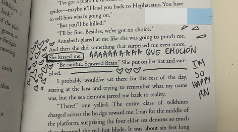 reading Percy Jackson and Annabeth Chase first kiss be a rollercoaster but an amazing one Seaweed Brain And Wise Girl, Wise Girl And Seaweed Brain, The Battle Of The Labyrinth, Annotated Books, Ill Be Fine, The Olympians, Seaweed Brain, Wise Girl, The Labyrinth