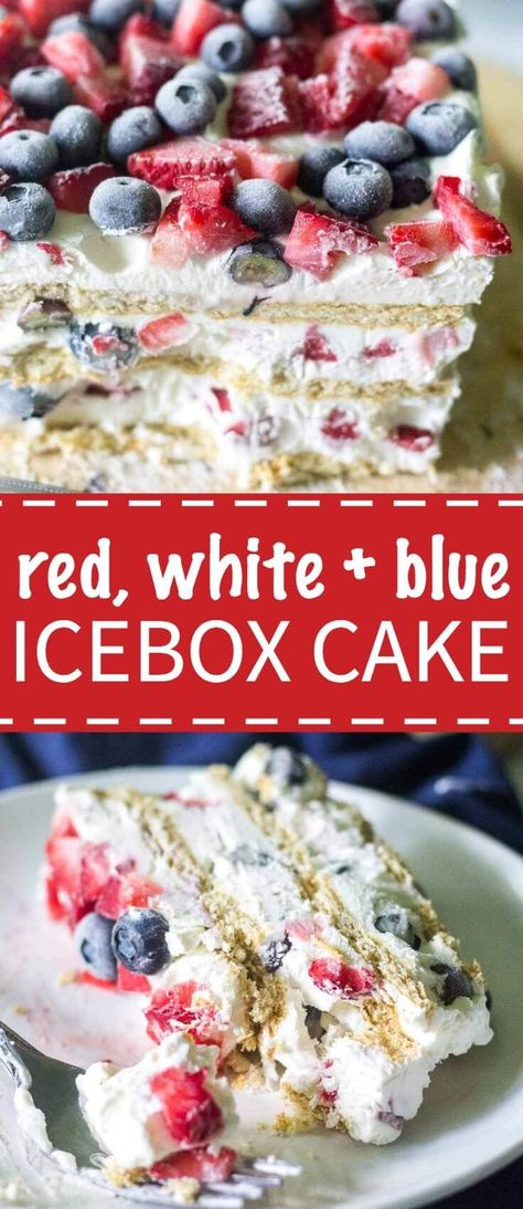 Looking for the ultimate 4th of July dessert? This Red White and Blue Icebox Cake is a simple and festive recipe for a crowd! No baking required and only a few ingredients to layer and put this icebox cake together! whip cream, blueberries, strawberries, graham crackers Recipe For A Crowd, 4th Of July Dessert, Cool Whip Desserts, Berries And Cream, Icebox Cake Recipes, Patriotic Desserts, Torte Recipe, Blue Desserts, 4th Of July Desserts