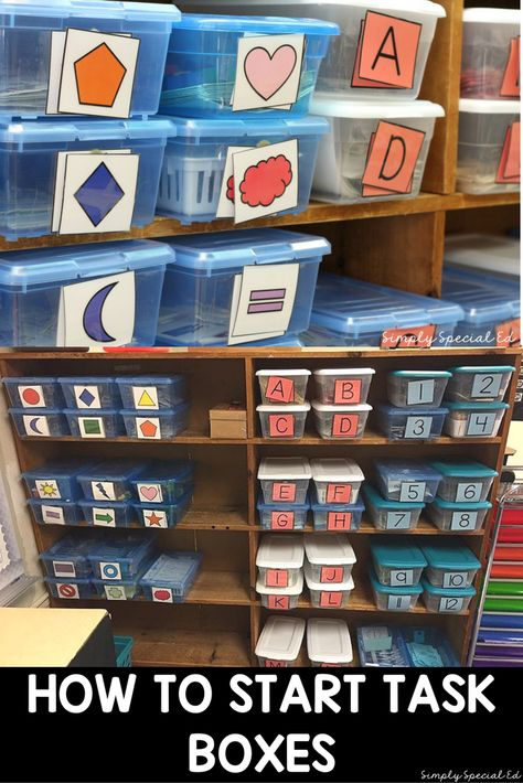 How to get started with a task box system for independent work in a special education classroom! Iep Task Boxes, Task Box Organization, Easy Task Boxes, Task Boxes For Special Education Free, Task Boxes Preschool, Task Bins, Teacch Tasks, Vocational Tasks, Asd Classroom