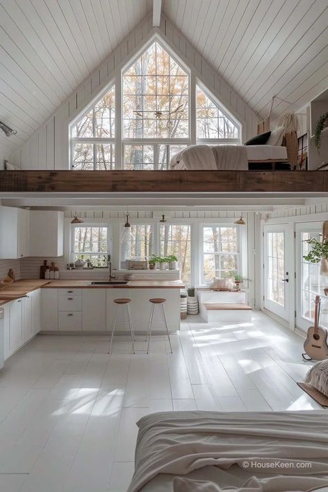 White A Frame House, Barn Converted To House, Small Scandinavian House, Mezanine Interior, Scandinavian Tiny House, Tiny Home Interior, Small Barn Home, Scandinavian House Design, Small Barn House