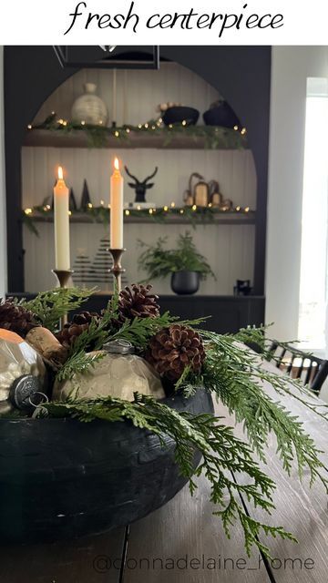 Moody Christmas Centerpiece, Holiday Centerpieces Christmas Evergreen, Modern Elegant Christmas Decor, Holiday Table Arrangements, Minimalist Christmas Centerpiece, Dough Bowls Decorated For Christmas, Christmas Centerpieces Round Table, Christmas Bowl Decor, Modern Christmas Centerpiece