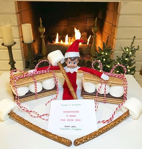 Elf On Shelf Roasting Marshmallows, Elf Smores On The Shelf, Elf On The Shelf Hot Cocoa Bar, Elf On The Shelf Roasting Marshmallows, Elf On The Shelf Hot Cocoa Ideas, Elf On The Shelf Smores Ideas, Elf On The Shelf Ideas With Marshmallows, Elf Birthday Ideas, Elf On The Shelf Marshmallow Ideas