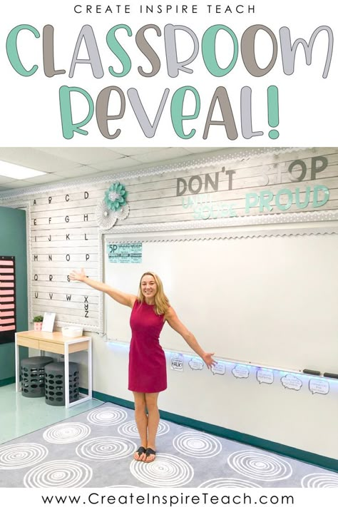 The time has come for the big reveal!! I spent the summer revamping my classroom and I can't wait for you to see how it came out! It's SO different from last year! Visit CreateInspireTeach.com for a peek inside my classroom! #classroomsetup #classroomtour #classroomreveal #classroommakeover #classroomideas Classroom Wall Murals Elementary, Simple Classroom Setup Elementary, Grade Six Classroom Ideas, Colorful Farmhouse Classroom, Sayings For Classroom Walls, Color Schemes For Classroom, Calm Colors Classroom Decor, Front Of Classroom Ideas, Calm And Cool Classroom Decor