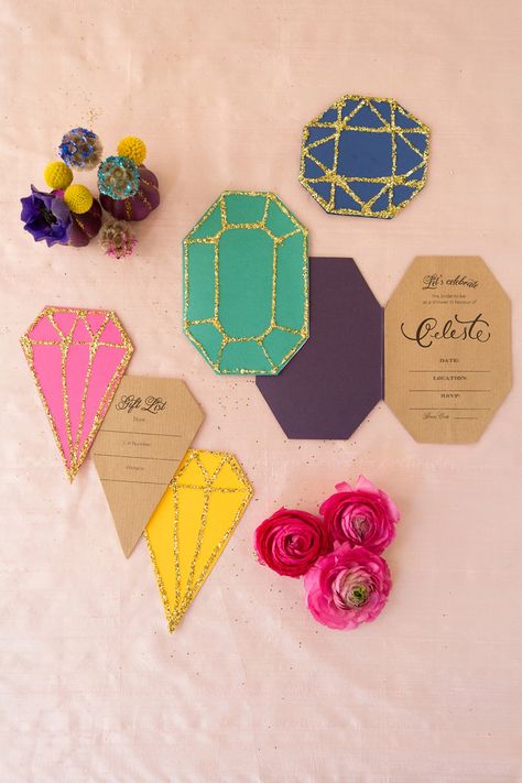 Bridal DIY - make your own bright and colourful gem-inspired bridal shower invitations. Tutorial prepared by Berinmade.com for Love My Dress® Bridal Shower Invitations Diy, Diy Gem, Diamond Party, Handmade Wedding Invitations, Beach Wedding Invitations, Recycled Crafts, Heart Decorations, My Dress, Uk Wedding