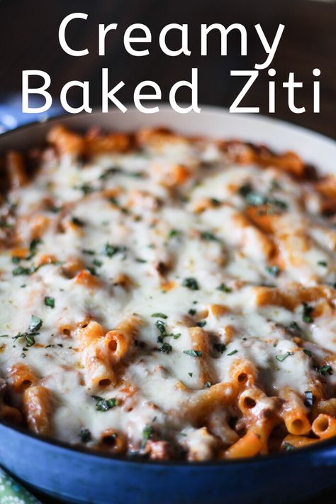 Pan Cheeseburger, Ziti Bake, Creamy Baked Ziti, Ground Beef Cream Cheese, Cheese Ziti, Baked Ziti With Ricotta, Simmering Pot, Cast Iron Casserole Dish, Cheeseburger Pasta