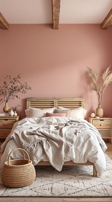 Pink Bedroom Ideas Salmon Pink Room, Light Pink Wall Bedroom, Classy Pink Bedroom, Grown Up Pink Bedroom, Warm Pink Bedroom, Pink Walls Bedroom Ideas, Pink Bedroom Colors, Pink Wall Bedroom, Pink Accent Wall Bedroom