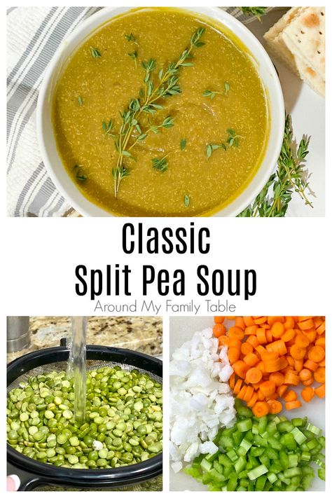 Delicious and simple Classic Split Pea Soup made with dried peas and a leftover ham bone screams comfort food. It's perfect for a cold winter day! Keto Split Pea Soup Recipe, Classic Split Pea Soup, Weight Watchers Split Pea Soup, Split Pea And Ham Bone Soup, Split Green Pea Soup, Split Pea Soup Without Ham, Best Pea Soup, Split Pea Ham Soup, Easy Split Pea Soup