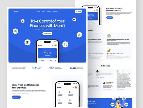 Monifi - Finance Landing Page by Muhammad Dani Asyrofi ✨ for Kretya on Dribbble Website Design Finance, Finance Landing Page Design, Finance Landing Page, Health Studio, Landing Page Ui Design, App Landing Page, Finance App, Admin Dashboard, Portfolio Web Design