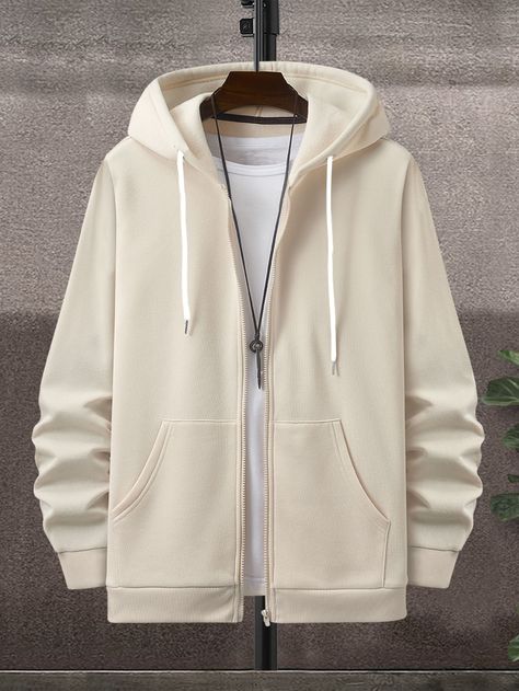 Apricot Casual Collar Long Sleeve Fabric Plain Zip Up Embellished Slight Stretch  Men Hoodies & Sweatshirts Hoodie Outfit Men, Drop Shoulder Hoodie, Men Sweatshirts, Brown Hoodie, Stylish Hoodies, Basic Hoodie, Hooded Jacket Men, Lined Hoodie, Khaki Fashion