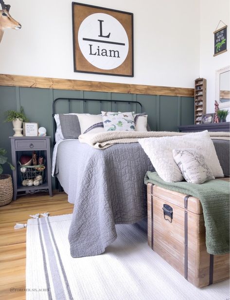 Bedroom Half Wall, Farmhouse Boys Bedroom, Guy Bedroom, Batten Wall, Boy Toddler Bedroom, Boys Bedroom Makeover, Big Boy Bedrooms, Dinosaur Room, Board And Batten Wall