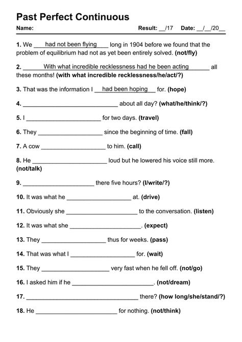 Past Perfect Continuous Exercises PDF Worksheet with Answers - Test 1 Past Perfect Continuous Worksheets, Past Perfect Continuous Tense, Classroom Rules Printable, Practice English Grammar, Tenses Rules, Tense Worksheet, Past Tense Worksheet, Tenses Exercises, Present Perfect Continuous