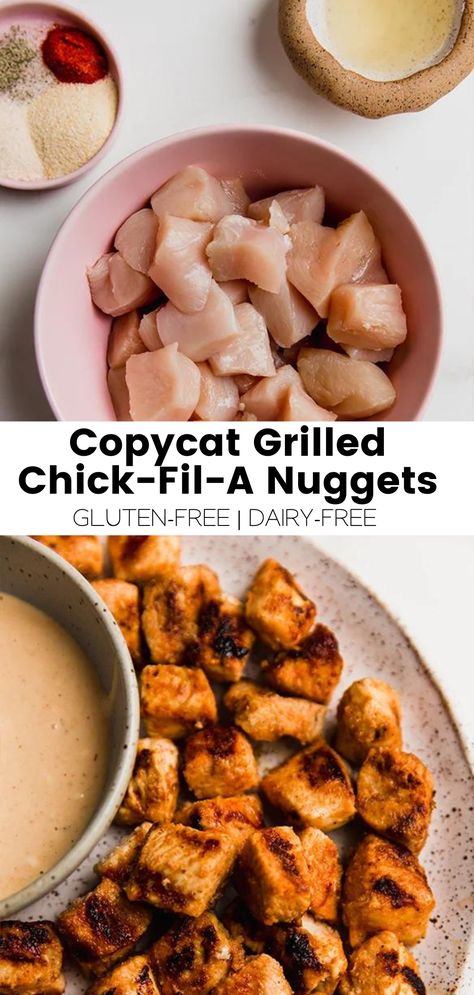 Copycat Grilled Chick-Fil-A Nuggets - Unbound Wellness Chick Fil A Grilled Chicken Recipe, Chick Fil A Grilled Nuggets Recipe, Grilled Nuggets, Diets For Picky Eaters, Healthy Chicken Nuggets, Sweet Potato Tots, Chick Fil A Nuggets, Unbound Wellness, Chick Fil A Sauce