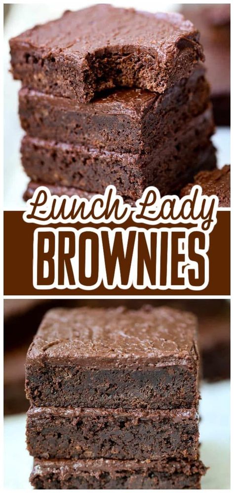 This fun-loving chocolate Lunch Lady Brownies recipe is perfect when you're craving super-moist fudgy brownies topped with just the right amount of delicious milk chocolate frosting on top! These old-fashioned brownies taste incredible and are always a favorite for any event, bake sale or party! The best chocolate brownie recipe online! Grandmas Brownies, Lunch Lady Brownies Recipe, Bake Sale Items, Best Chocolate Brownie Recipe, Amazing Brownies, Best Frosting Recipe, Lunch Lady Brownies, Milk Chocolate Brownies, Milk Chocolate Frosting