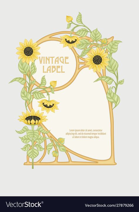 Art Deco Sunflower, Retro Border Design, Sunflower Art Nouveau, Art Nouveau Label, Art Nouveau Sunflower, Art Nouveau Borders And Frames, Art Nouveau Sun, Sunflower Graphic Design, Sunflower Guitar