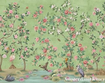 Wallpaper - Etsy Canada Green Chinoiserie Wallpaper, Wall Peper, Crane Wallpaper, Wallpaper Chinoiserie, Gracie Wallpaper, Peel And Stick Mural, Red Chinoiserie, Chinoiserie Mural, Green Chinoiserie