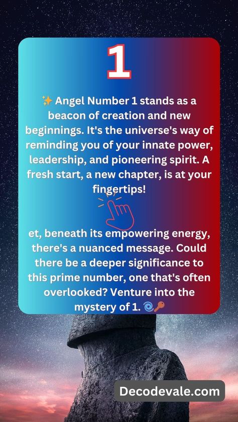 ✨ Angel Number 1 stands as a beacon of creation and new beginnings. It's the universe's way of reminding you of your innate power, leadership, and pioneering spirit. A fresh start, a new chapter, is at your fingertips! Ambiguous Message: Yet, beneath its empowering energy, there's a nuanced message. Could there be a deeper significance to this prime number, one that's often overlooked? Venture into the mystery of 1. 🌀🔑 #angelnumbers 311 Angel Number, 1 Angel Number, 311 Meaning, Angel Number 1, Expression Number, Angel Number Meaning, Prime Numbers, Numerology Chart, Angel Number Meanings