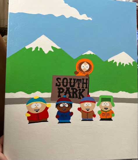 Custom south park painting I did of my friend and the characters. Acrylic painting on canvas, south park characters South Park Painting, South Park Background, Park Painting, Park Background, Background Painting, South Park Characters, Cartoon Wall, Graffiti Drawing, Park Art