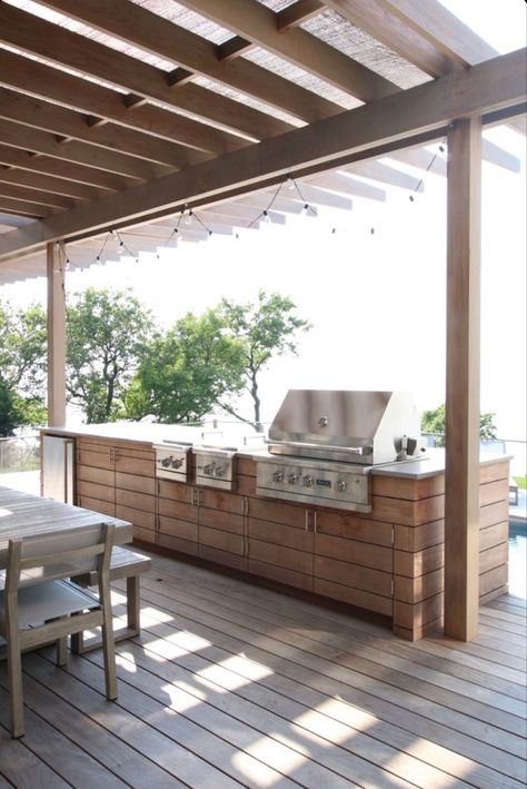 // k i t c h e n Ipe Wood Outdoor Kitchen, Outdoor Kitchen Cabinet Doors, Outdoor Kitchen Cladding Ideas, Outdoor Kitchen On Wood Deck, Wood Bbq Island, Outdoor Kitchen Patio Bbq Island, Outdoor Kitchen On Side Of House, Ipe Outdoor Kitchen, Outdoor Wooden Kitchen