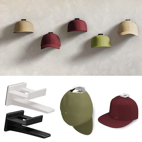 Organizer Self Adhesive Hanger Shelf Baseball Cap Rack Hat Holder Hat Hooks   Material: plastic Suitable many types of hats including baseball caps, snapbacks, fitted hats, visors, and flat-brim hats. Color:white /black The hat rack for wall design is curved to keep your hats damage-free. When your hats are hanging, our hooks are mostly hidden from view. Size:as picture EASY TO INSTALL: 1. Peel off 2. Stick 3. Hang, easily stick to the wall to hang your hat. Note: Holds up to 1 lb, stick the hook to a surface that won't tear and dust free, do not use on wallpaper and rough surfaces, use with care on dry and painted walls. Package Includes: 5PCS * Hat Rack Note: Due to the different monitor and light effect, the actual color of the item might be slightly different from the color showed on t Hanging Hats On Wall, Wall Mounted Hat Rack, Baseball Cap Rack, Hang Hats, Cap Rack, Hat Hook, Hanging Hats, Necklace Storage, Hat Organization