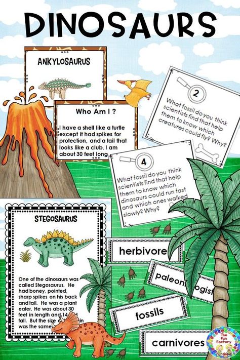 Your second grade and third grade students will have fun learning facts about dinosaurs with this nonfiction science unit.  Included are center, rotation, workstation activities and games, differentiated student readers, a read aloud book and worksheets. Black and white as well as color versions provided. (2nd grade, 3rd graders) Dinosaur Reading Activities, Workstation Activities, Fossils Lesson, Dinosaur Reading, Dinosaur Unit Study, Archaeology For Kids, Dinosaur Worksheets, Dinosaur Classroom, Dinosaur Projects