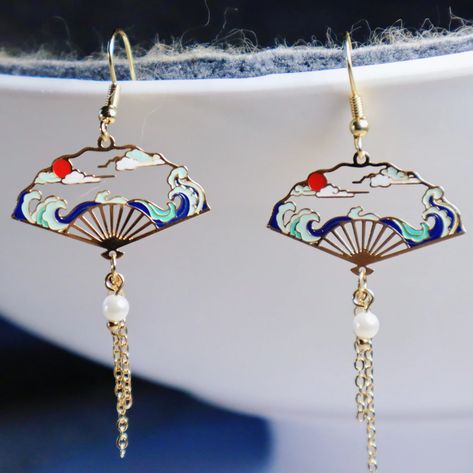 Chinese Style Fan Drop Earring Hanfu Earring Chinese Bridal | Etsy Canada Earrings Drawing, Chinese Earrings, Turkish Earrings, Artistic Earrings, Chinese Fan, Victorian Valentines, Long Chain Earrings, Fan Jewelry, Chinese Jewelry