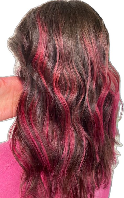 Pink And Brown Balayage, Colored Highlights On Brown Hair, Pink Hair Balayage Brown, Dark Brown To Pink Balayage, Pink Streaks In Brown Hair, Pink Highlights In Black Hair, Brown Hair Pink Highlights, Pink Highlights In Brown Hair, Haircut Summer