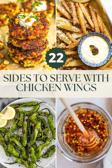 Looking for What to Serve With Chicken Wings? Look no further! Below we list our favorite dishes to pair with chicken wings, including our hasselback potatoes, healthy fritters, flavor-packed pasta salad, zesty sauces, and more. We love to kick back and relax with some chicken wings! We are always trying different dishes, snacks, and sauces to pair with them for dinner and parties. What To Pair With Chicken Wings, Sides With Wings Appetizers, Chicken Wings Dinner Ideas Meals Sides, Wings Dinner Sides, Sides To Go With Chicken Wings, What To Eat With Wings, Wing Sides Dishes, What To Serve With Chicken Wings, What To Serve With Wings