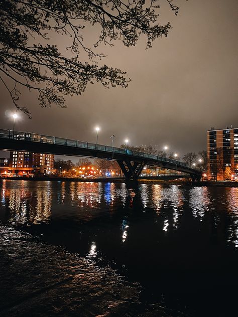 river, night lights, university of rochester, new york, hazy, slow shutter, iphone photography University Of Rochester Aesthetic, Seattle University Campus, Prettiest College Campuses, Ubc University Campus, University Of Rochester, Dream School, Rochester Ny, Senior Pics, Bay Bridge