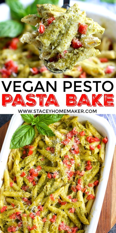 This Vegan Pasta Bake is super simple to make in 40 minutes and it's loaded with ribbons of pesto, juicy tomatoes, and the creamiest sauce! Pesto Pasta Vegan, Lemon Pesto Pasta, Broccoli Pesto Pasta, Pesto Dishes, Pesto Pasta Bake, Cashew Pesto, Nut Free Pesto, Vegan Pesto Pasta, Basil Pesto Pasta