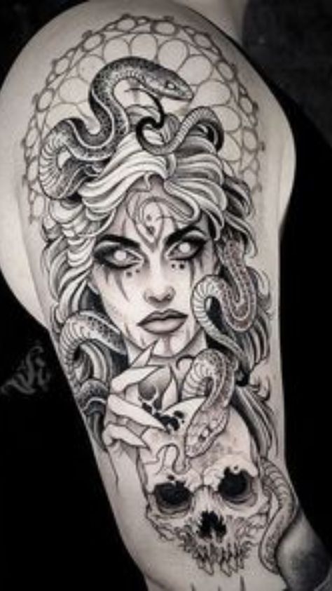 Medusa Tattoo On Upper Arm, Spooky Medusa Tattoo, Medusa And Skull Tattoo, Lilith And Medusa Tattoo, Skeleton Medusa Tattoo, Skull Medusa Tattoo, Eris Goddess Tattoo, Dark Feminine Tattoos Sleeves, Medusa Skull Tattoo