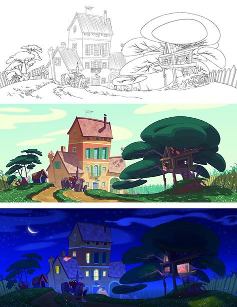 "GIALLO DI GIORNATA" background concepts on Behance Houses Illustration Art, Background Animation Concept Art, Animation Environment Design, Concept Art Animation, Concept Art Village, Character Design Color, Illustrator Background, Background Illustration Design, Character Background