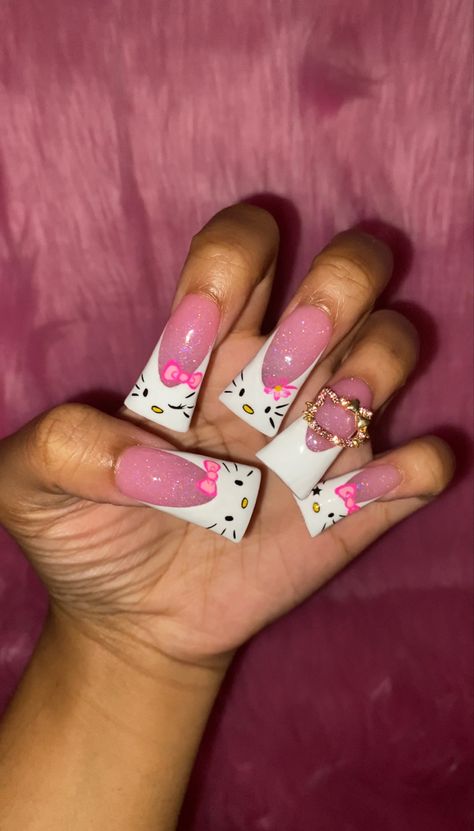 Nail Inspo Feet And Hands, Pink Hello Kitty Duck Nails, Press On Duck Nails, Duck Nails Inspiration, Sanrio Duck Nails, Duck Nails Acrylic Hello Kitty, Long Duck Nails Y2k, Cardi B Duck Nails, Duck Tip Nails Y2k