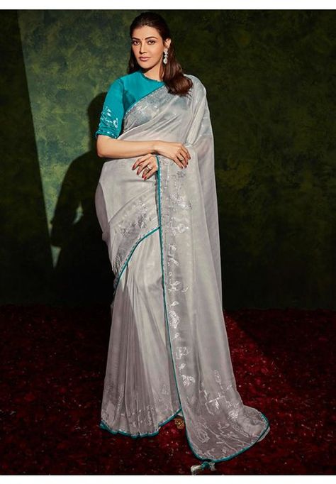 Kajal Aggarwal Pearl Grey Organza Designer Saree Grey Organza Saree, Grey Saree, Saree Sale, Lavender Silk, Trendy Sarees, Ladies Gown, Organza Saree, Blouse Material, Soft Silk Sarees