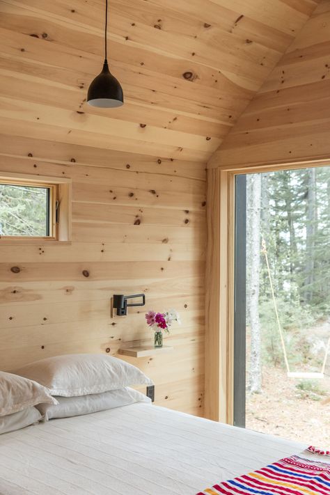 Remodel Cabin, Knotty Pine Rooms, Knotty Pine Cabin, Minimalist Cabin, Knotty Pine Walls, Scandinavian Cabin, Pine Bedroom, Pine Cabin, Cottage Tiny House