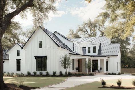 Modern farmhouse house exterior with metal roof, white siding and black shutters stock images Modern Farmhouse House Exterior, Farmhouse House Exterior, Farmhouse Lifestyle, Vector Ornaments, White Siding, Black Shutters, Farmhouse House, Exterior House Colors, Exterior House