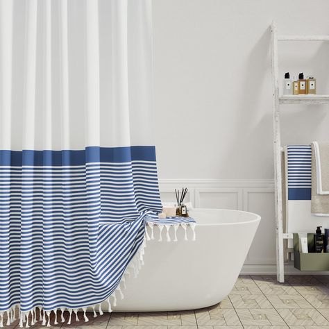 PRICES MAY VARY. 🚿【 Boho Farmhouse Shower Curtain with Stripes and Tassels 】 This tassel shower curtain for bathroom features classic navy blue and white stripes, making this striped shower curtain suitable for diverse decoration styles, like modern farmhouse, vintage, simple, bohemian, shabby chic styles. These unique stripes and tassels are exactly as shown, which can add a boho touch to your master bathroom, guest bathroom or hotel spa. Choose it, you won't be more pleased! 🚿【 Good Quality Tassel Shower Curtain, Bathroom Bohemian, Shower Curtain Farmhouse, Neutral Shower Curtains, Shabby Chic Shower Curtain, Rustic Shower Curtains, Extra Long Shower Curtain, Gray Shower Curtains, Farmhouse Shower Curtain