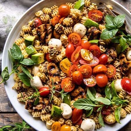 Caprese Chicken Pasta Salad - Half Baked Harvest Pasta Salad Half Baked Harvest, Chicken Caprese Salad, Bacon Pasta Salad, Ww Dinner, Chicken Caprese, Balsamic Glazed Chicken, Caprese Chicken, Bacon Pasta, Tomato Mozzarella