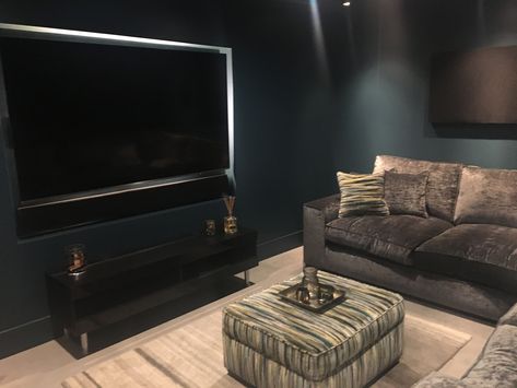 Dark Blue Basement Walls, Dark Blue Basement, Blue Basement Walls, Blue Basement, Cinema Rooms, Dark Ceiling, Dark Blue Walls, Home Cinema Room, Movie Watching