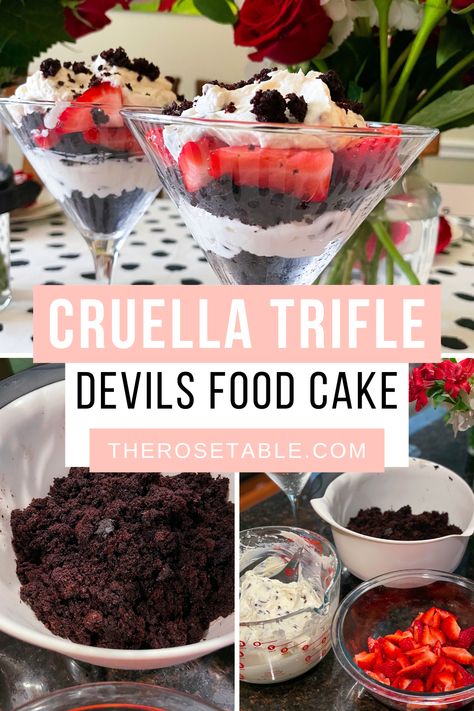 The perfect dessert for your 101 Dalmatians viewing party! This Cruella Trifle has strawberries, spotted cream, and DeVil's food cake. 101 Dalmatian Party Food, 101 Dalmatians Dinner, 101 Dalmations Dinner And Movie, 101 Dalmatians Themed Dinner, 101 Dalmations Party Food Ideas, 101 Dalmations Food Movie Nights, 101 Dalmatians Dinner And A Movie, 101 Dalmations Movie Night, Cruella Themed Food