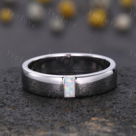 Mens White Opal Wedding Band Baguette Cut Opal Plain Band 5mm White Gold Ring Mens Solitaire Stacking Matching Band Retro Vintage Ring Gift,Anniversary Ring Gift for mens,father's gift, ,bridegroom ring, boyfriend gift,husband gift ITEM SPECIFICATIONS:  Material:925 sterling silver ,rose gold plated,yellow gold plated,white gold plated Solid gold (10k 14k 18k rose gold,yellow gold,white gold available) Platinum Main stone: 5x2.5mm baguette cut lab created white fire opal band width:5mm Size and Opal Male Wedding Band, Mens Wedding Bands With Opal, Husband Ring, Wedding Band Baguette, Plain Silver Ring, Mens Wedding Rings Unique, Baguette Wedding Band, Opal Wedding Band, Plain Silver Rings