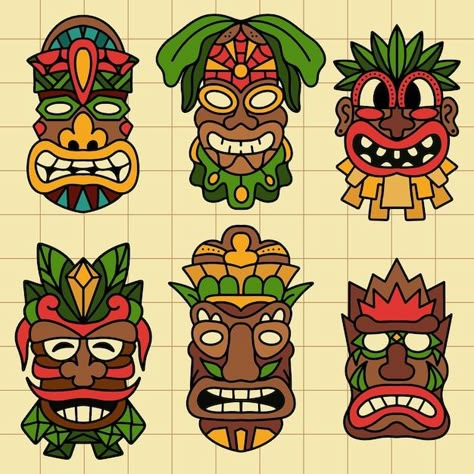 Tiki mask hawaiian cartoon illustration | Premium Vector #Freepik #vector #tribal-mask #tiki-mask #tiki #african-mask How To Draw A Tiki Head, Mayan Mask, Tiki Faces, Tiki Head, Mask Drawing, Tiki Mask, Children's Mask, African Mask, Hawaiian Luau