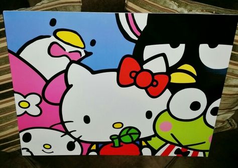 Hello Kitty Painting Y2k, Hello Kitty Couple Painting, Cute Hello Kitty Painting, Hello Kitty And Friends Painting, Sanrio Painting Ideas, Cartoon Acrylic Painting, Hello Kitty Painting Canvases, Hello Kitty Canvas Painting, Sanrio Painting