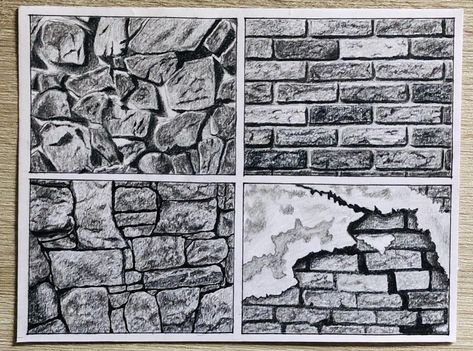 Textures With Pencil, Stone Sketch Drawing, Natural Texture Drawing, Stone Texture Sketch, How To Draw Brick Wall, Wall Texture Drawing, Texture Pencil Drawing, Brick Texture Drawing, Stone Texture Drawing