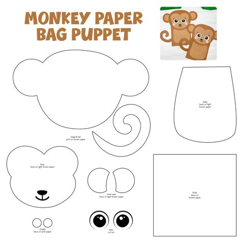 Printable Paper Bag Puppet Template Paper Bag Monkey Craft, Paperbag Puppets For Kids Free Printable, Puppets For Kids To Make Paper Bag, Animal Paper Bag Puppets Free Printable, Paperbag Puppets Templates, Monkey Paper Bag Puppet, Puppet Template Printables, Puppet Printable Free, Monkey Template Free Printable