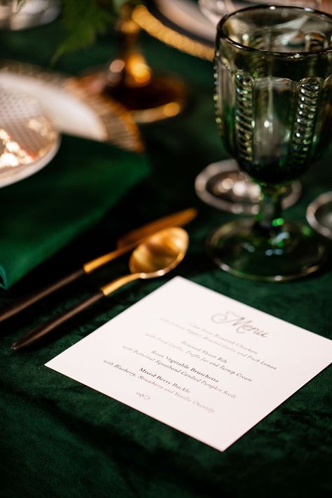 Green Velvet Tablescape, Emerald Green Tablescape, Velvet Tablescape, Green And Gold Table Setting, Green And Gold Winter Wedding, Wedding Menu Ideas Food, Emerald And Gold Wedding, Green Table Settings, Wedding Menu Ideas